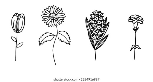 Colección de flores en forma de dibujo de doodle plano. Conjunto de hojas de planta de elementos florales simples de diseño decorativo. Dibujo a mano para colorear. Ilustración vectorial aislada en fondo blanco.