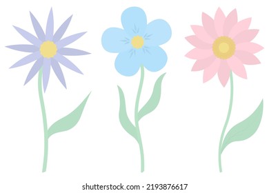 Flowers. Collection of vector illustrations. Flowering plants with green leaves, multi-colored petals and a yellow core. Flat style. Isolated background. Idea for web design, invitations