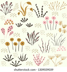 Flowers color hand drawn illustrations set. Home decorations and interior design elements. Flowers flat hand drawn cliparts.  Isolated vintage cartoon items.