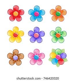 Flowers Color icon set. Vector assets for web or game design. Decorative GUI and UI elements, Cartoon colorful glossy button set, isolated on white background. Fantasy Blossom sweet world.