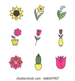 Flowers color icons set. Sunflower head, daffodil, may-lily, hibiscus, roses, lotus, cactus, rosebud. Isolated vector illustrations