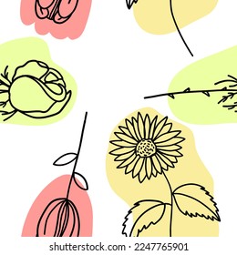 Flowers with colorful brush seamless pattern in flat doodle cartoon style. Vector seamless wallpaper with white background.