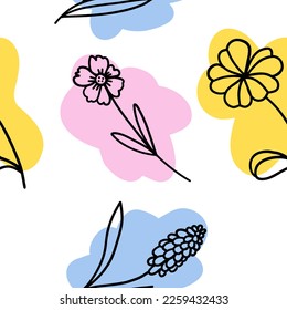 Flores con pincel colorido patrón sin fisuras en estilo de dibujo de doodle plano. Papel de pantalla transparente con fondo blanco.