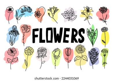 Flowers with colorful brush set in flat doodle cartoon style. Vector illustration set on white background.