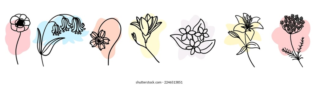 Flowers with colorful brush set in flat doodle cartoon style. Vector illustration set on white background.