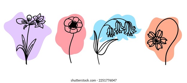 Flowers with colorful brush set in flat doodle cartoon style. Vector illustration set on white background.