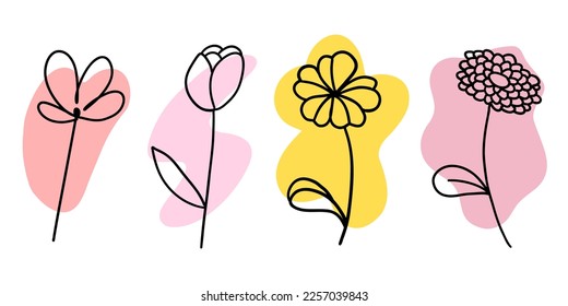 Flowers with colorful brush set in flat doodle cartoon style. Vector illustration set on white background.