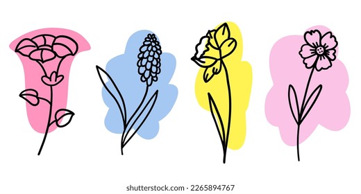 Flowers with colorful brush set in flat doodle cartoon style. Vector illustration set on white background.