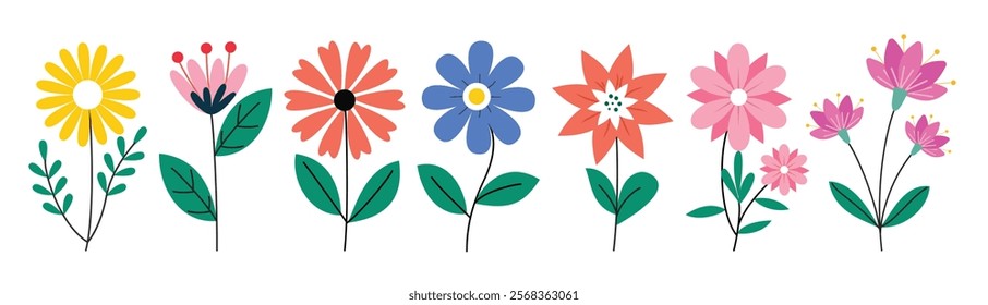 Flowers colorful drawing clipart set. Spring flowers clip art collection like daisy, bluebell, crocus, azalea and lotus floral flat elements. Vector illustration spring floral set. 
