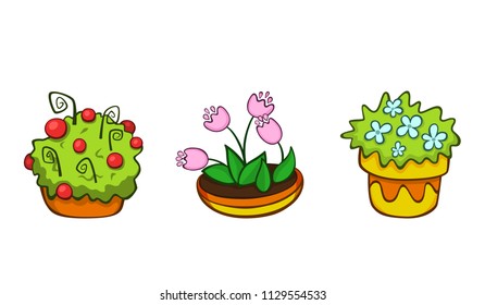Flowers in colorful pots. Vector flowers pots. Set of flowers in pots. Potted plants.