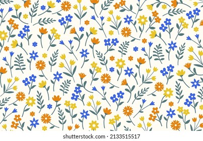 Flowers colorful seamless pattern with leaves. Floral background. Fabric design, wallpaper, textile. On white background. Each flower is isolated