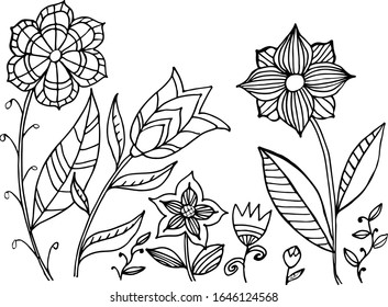 Flowers in a coloring book for children and adults.  Zen, meditation, relaxation. Vector outline hand drawn illustration.