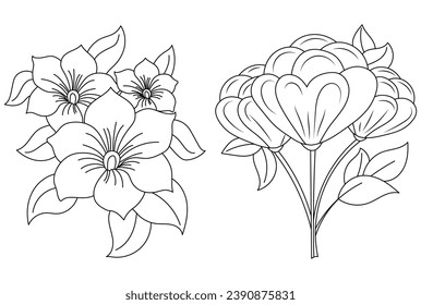 Flowers coloring book page. Coloring books page for adults or children. kids, floral arts, Flat Vector Illustration, with white background