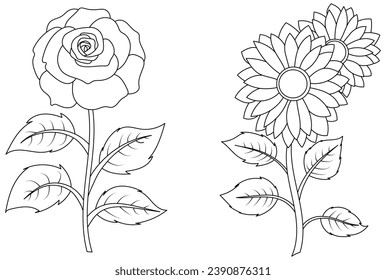 Flowers coloring book page. Coloring books page for adults or children. kids, floral arts, Flat Vector Illustration, with white background