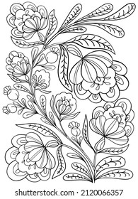 flowers coloring fantasy bouquet of plants on a white background isolate contour illustration black and white picture hand drawing doodle sketch vector for kids and adults postcard sketch print