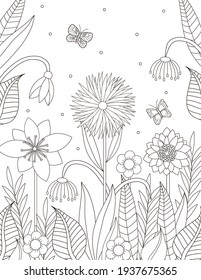 Flowers coloring page. Floral coloring. Adult coloring. Vector illustration. 