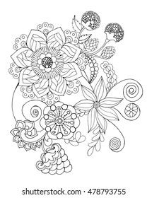 Blumenfarbseite. Handgezeichnetes Doodle. Blumengemusterte Vektorgrafik. Skizze zum Färben von Seiten, Tätowierung, Poster, Druck, T-Shirt