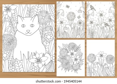Flowers coloring pages. Cat coloring.  Floral coloring. Adult coloring set. Vector illustration. 