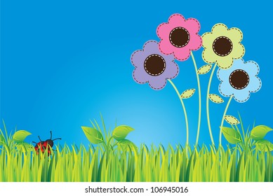 Flowers with colors on blue sky background, vector illustration