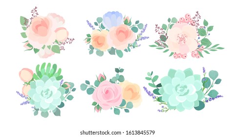 Flowers composition colorful flat vector illustrations set. Wedding and prom boutonniere, bouquets isolated on white background. Floral, floristic design elements collection top view.