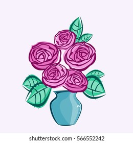Flowers composition. Retro style clip art with bouquet of pink roses in blue vase. Decorative design element. Vector illustration.