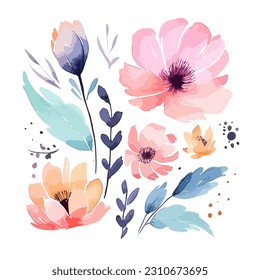 Flowers composition in a watercolor style on a white background