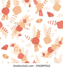 Las flores son composiciones de estilo boho. Patrón sin problemas para tarjetas de boda, paquete de mercado. Ilustración vectorial con rosas abstractas, ramas, hojas. Color beige y rosa natural, fondo blanco.