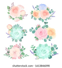 Flowers compositions flat vector illustrations set. Light pink and blue buds isolated design elements pack. Roses with leaves and wildflowers twigs. Garden blossoms decorations collection.