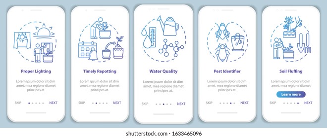 Flowers concern onboarding mobile app page screen with concepts. Water temperature. Herbs cultivation walkthrough five steps graphic instructions. UI vector template with RGB color illustrations