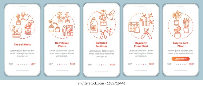 Flowers concern onboarding mobile app page screen with concepts. Feeding plants. Herbal cultivation walkthrough five steps graphic instructions. UI vector template with RGB color illustrations