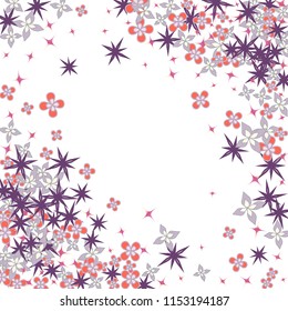 Flowers confetti vector diagonal border. Circular Scatter of colored floral elements. Dynamic vector illustration for celebration decoration, paper packaging, textile, covers.