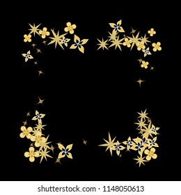 Flowers confetti vector square frame. Rectangular Scatter of golden colored floral elements. Spring Blossom. Dynamic vector illustration for  celebration decoration, paper packaging, textile, covers

