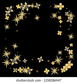 Flowers confetti vector square frame. Rectangular Scatter of golden colored floral elements. Spring Blossom. Dynamic vector illustration for  celebration decoration, paper packaging, textile, covers
