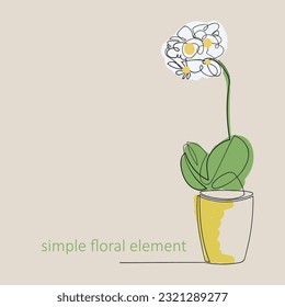 Flowers in continuous line art drawing style. Line drawing. Black outline and colored spots. Flower pot. Modern design. Minimalist linear sketch on white background. Vector illustration