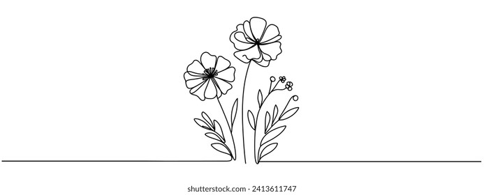 Flowers in continuous line art drawing style. Doodle floral border with two flowers blooming among grass. Minimalist black linear design isolated on white background. Vector illustration
