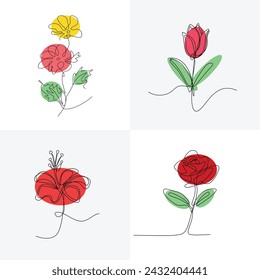 Flowers in continuous line art drawing style. Doodle floral border with color. rose, tulip, hibiscus 