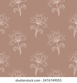 Patrón de contorno de flores, garabato blanco dibujado a mano sobre fondo marrón. Para el fondo, el telón de fondo, el embalaje, la cubierta textil. Ilustración vectorial