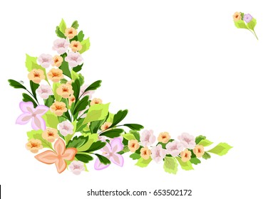 Flowers corner border. Floral design element for embroidery, wrapping, card. Soft flowery summer decor.