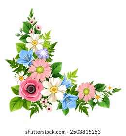 Flowers corner border. Pink, white, blue, and purple flowers and green leaves corner design element isolated on a white background. Vector illustration. Hand-drawn illustration, not AI