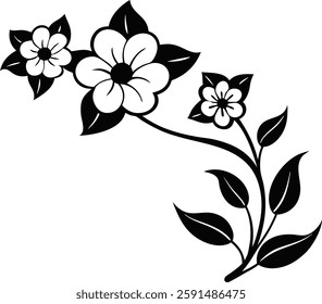 Flowers corner decoration illustration, black vector illustration on white background.