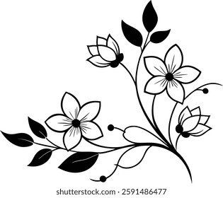 Flowers corner decoration illustration, black vector illustration on white background.