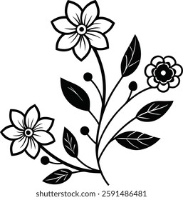 Flowers corner decoration illustration, black vector illustration on white background.