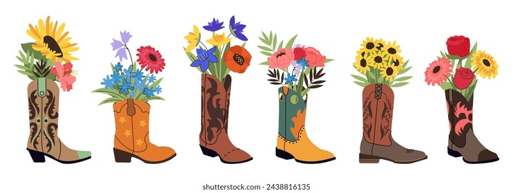 Flowers in cowboy boots. Cowgirl shoes with floral bouquets. Wild west accessories design, fashion decorative elements