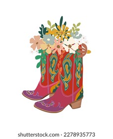 Flowers in Cowboy boots vector isolated on white.