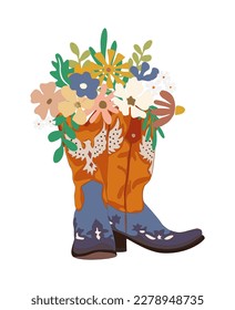 Flowers in Cowboy boots vector isolated on white.