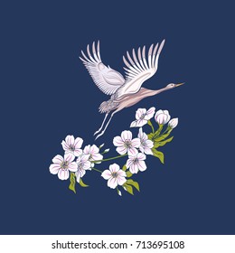 Flowers and crane on jeans background. Stock line vector illustr