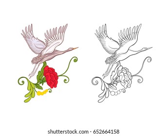 Flowers and crane. Set of colored sample and outline drawing. 