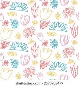 Flowers crayon drawn seamless pattern. Colorful floral allover background. Stroke botany repeat cover. Surface pattern design spring motif. Vector hand drawn line art illustration.