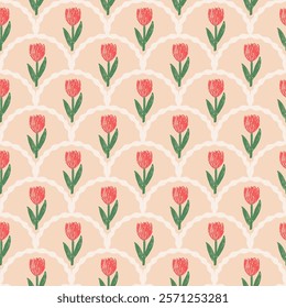 Flowers crayon drawn seamless pattern. Floral allover background. Stylized botany scallop repeat backdrop. Surface pattern design spring motif. Vector hand drawn illustration.