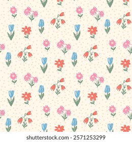 Flowers crayon drawn seamless pattern. Floral allover background. Line art stroke botany repeat backdrop. Surface pattern design spring motif. Vector hand drawn illustration.